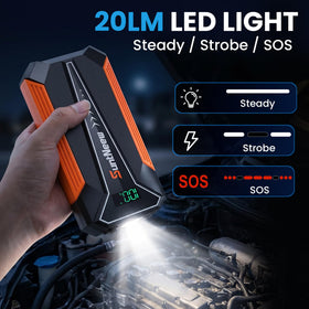 SuntNeew jump starter connected to car battery demonstrating safe, quick engine restart