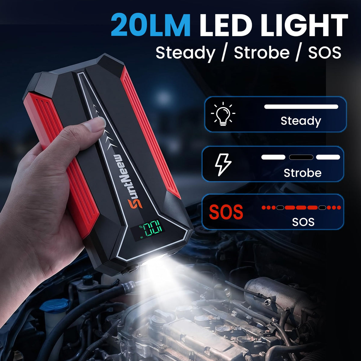 SuntNeew LED modes lit showing bright emergency lighting and visibility