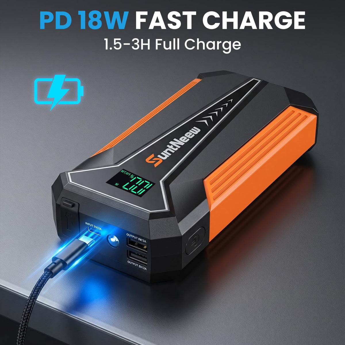 SuntNeew USB-C port and LED indicators for fast PD 18W charging and status visibility