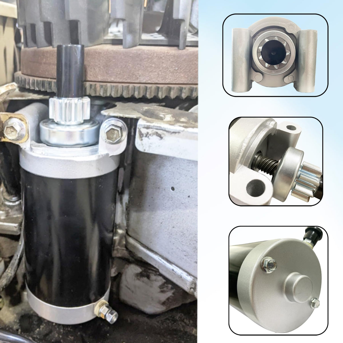 SUONE starter pinion closeup showing 9-tooth engagement reliability