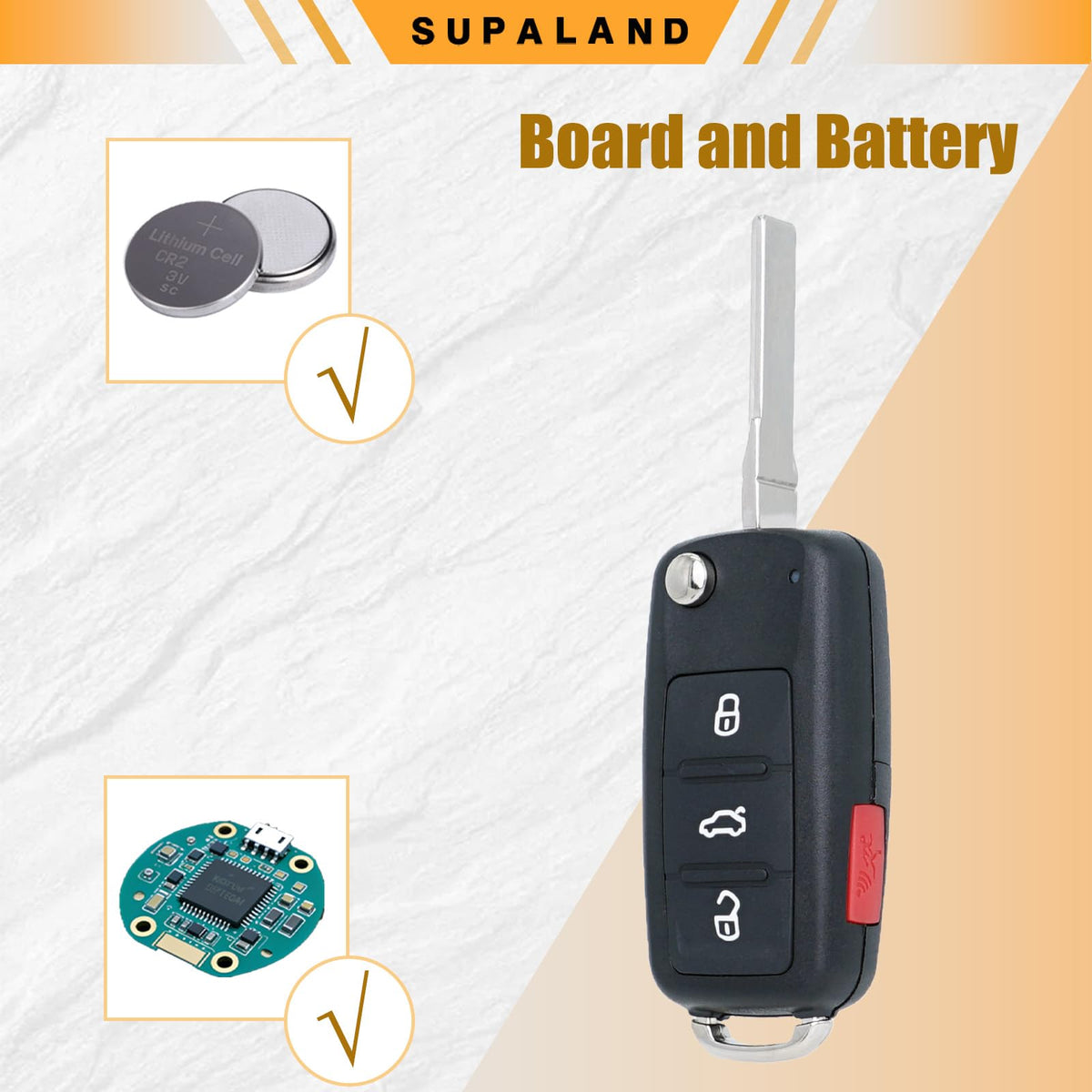 SUPALAND flip key held in hand for scale showing compact size and ergonomic grip