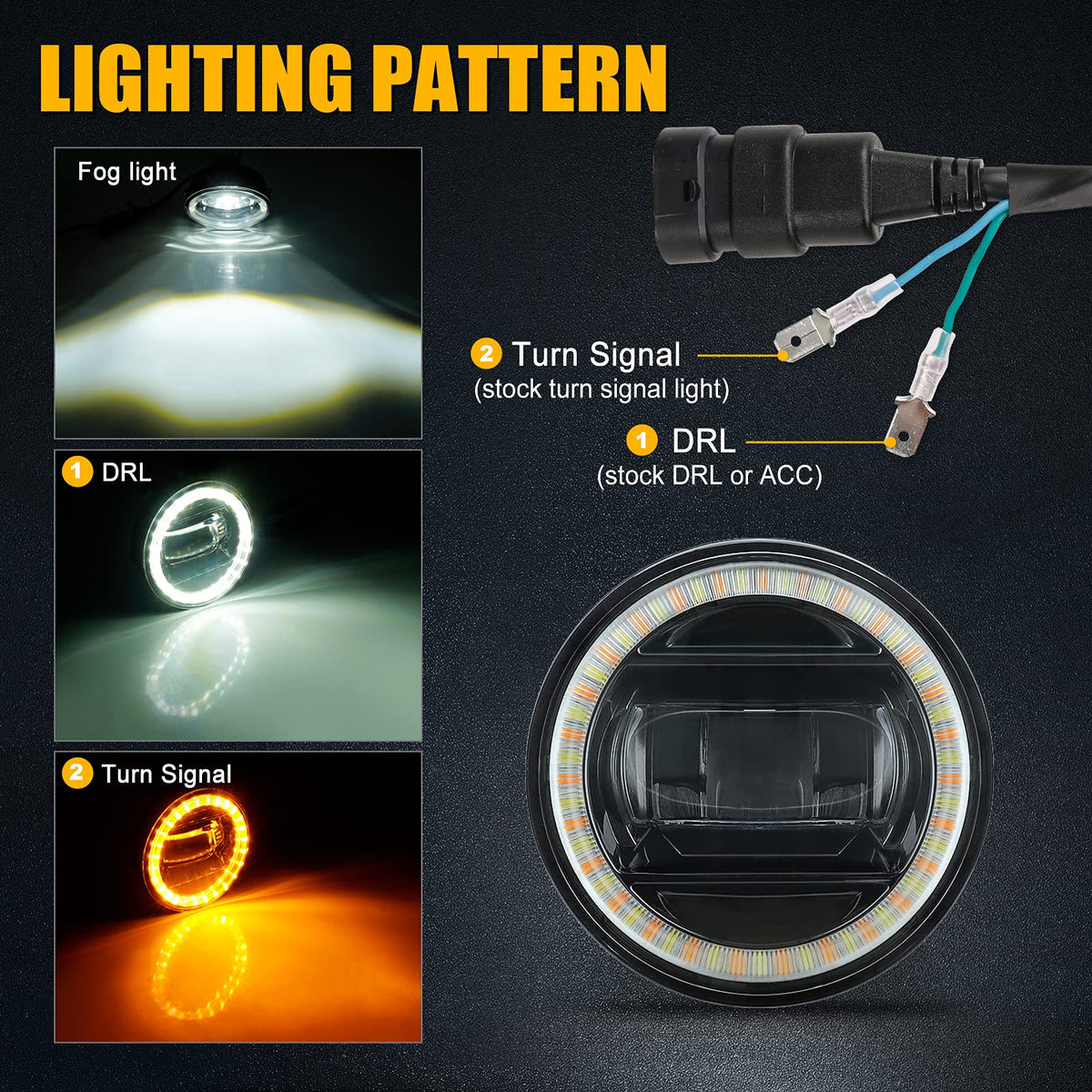 SUPAREE halo ring close-up highlighting white DRL and amber turn-signal visibility