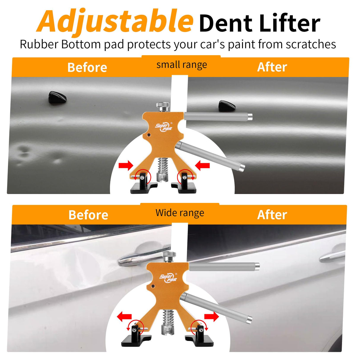 Super PDR bridge dent puller close-up with rubber feet protecting paint