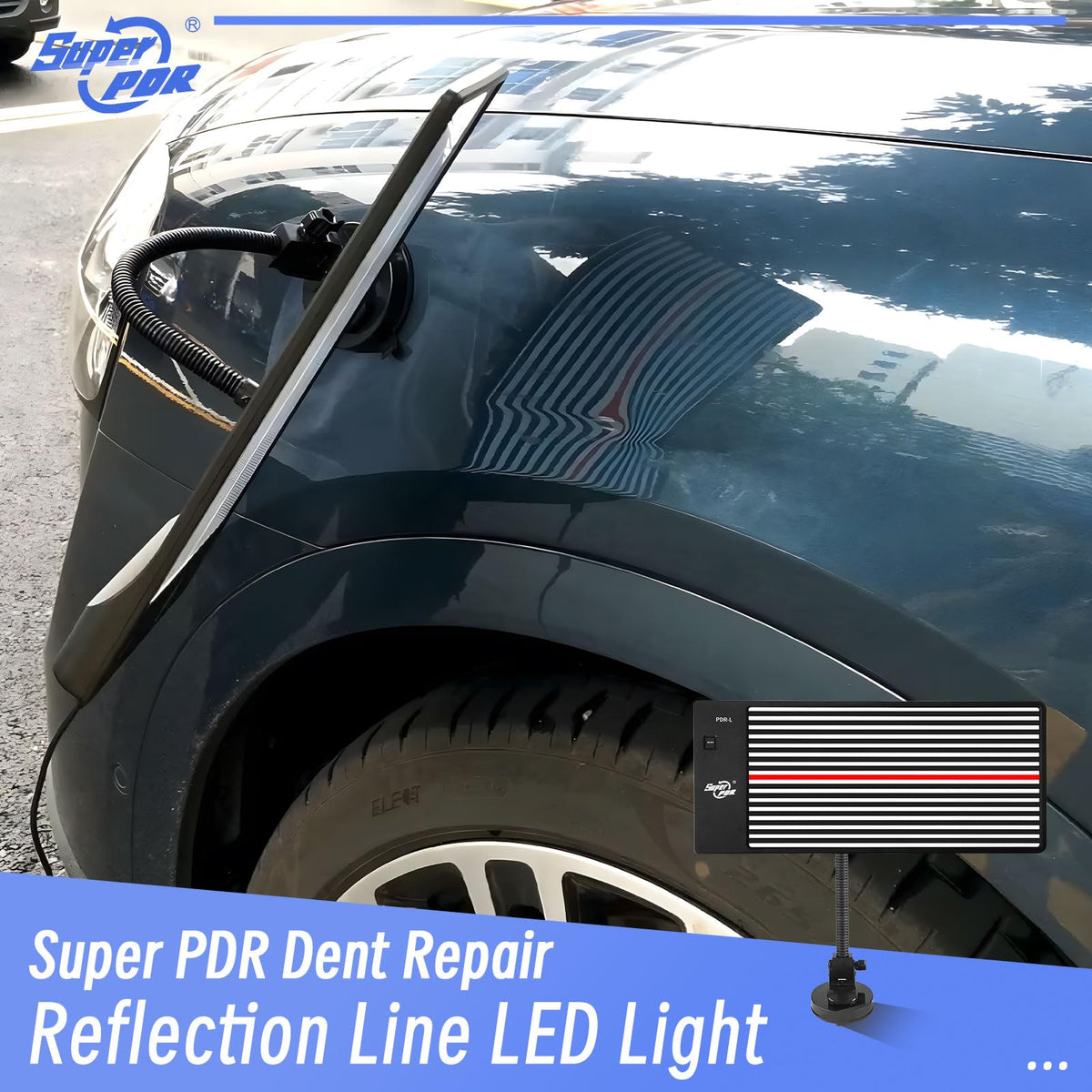 Super PDR close-up of LED line pattern highlighting dent contrast for more accurate repair