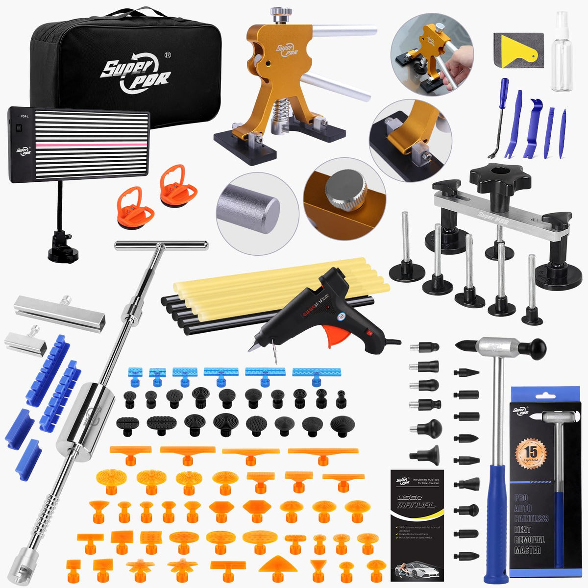 Super PDR front kit layout showing all tools for complete dent repair and quick setup