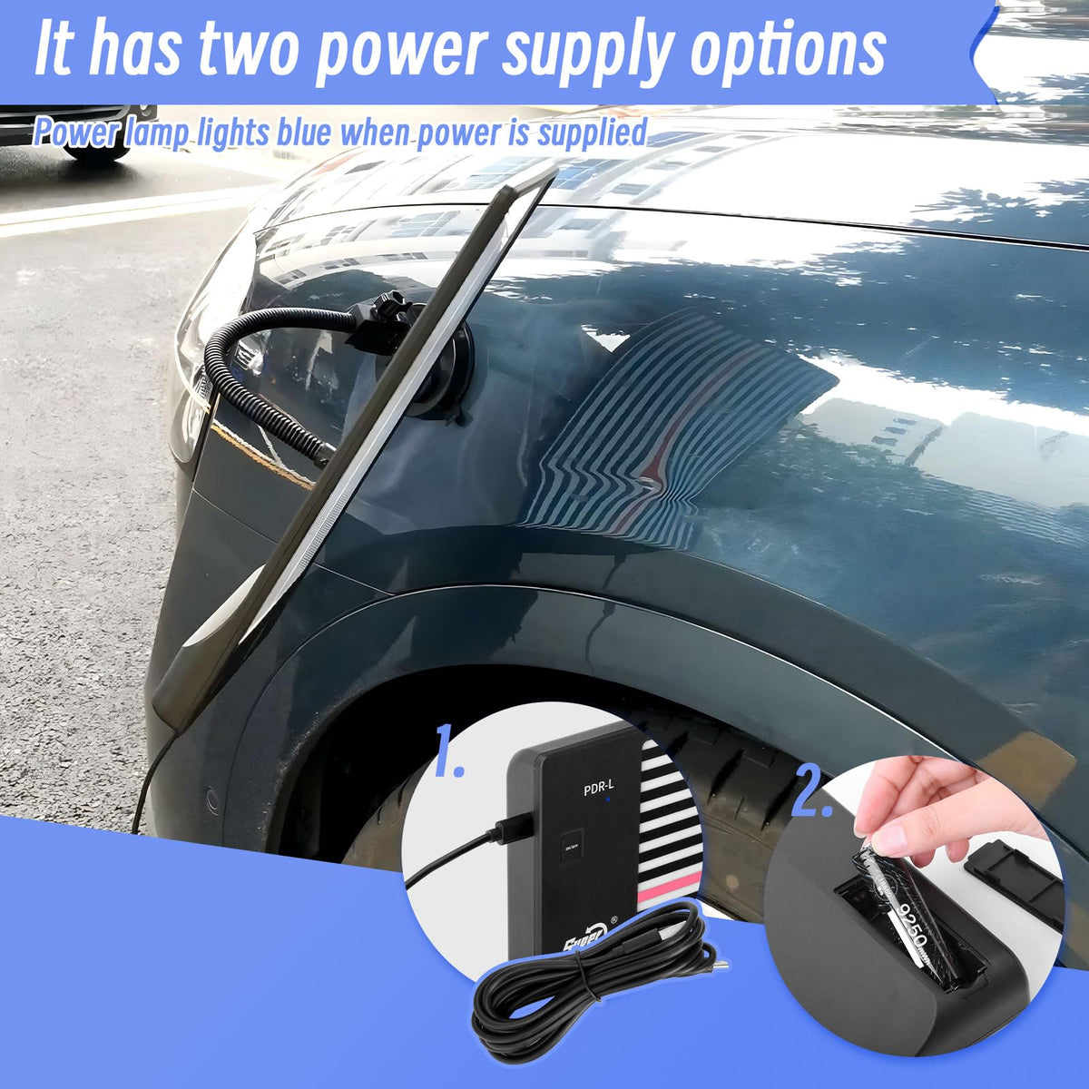 Super PDR packaging and battery showing included battery and USB power option for mobility