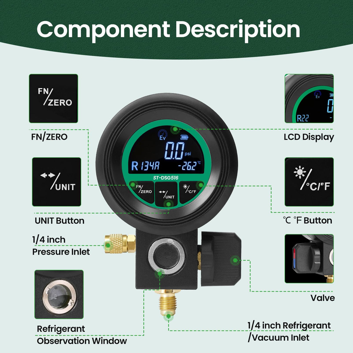Super Stars lit LCD backlit screen clearly showing refrigerant temperature conversion