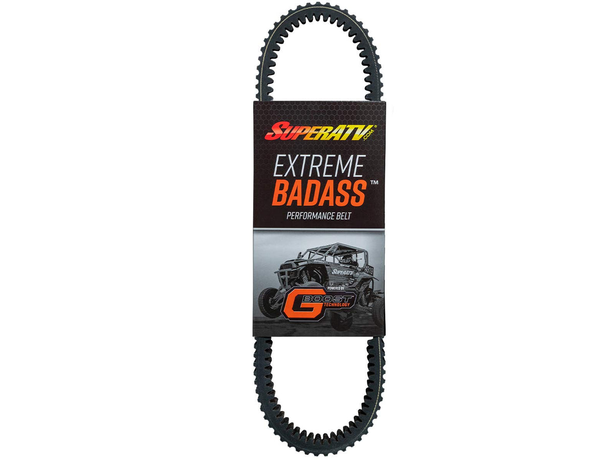 SuperATV front view of CVT belt packaging showing fit and durability benefit
