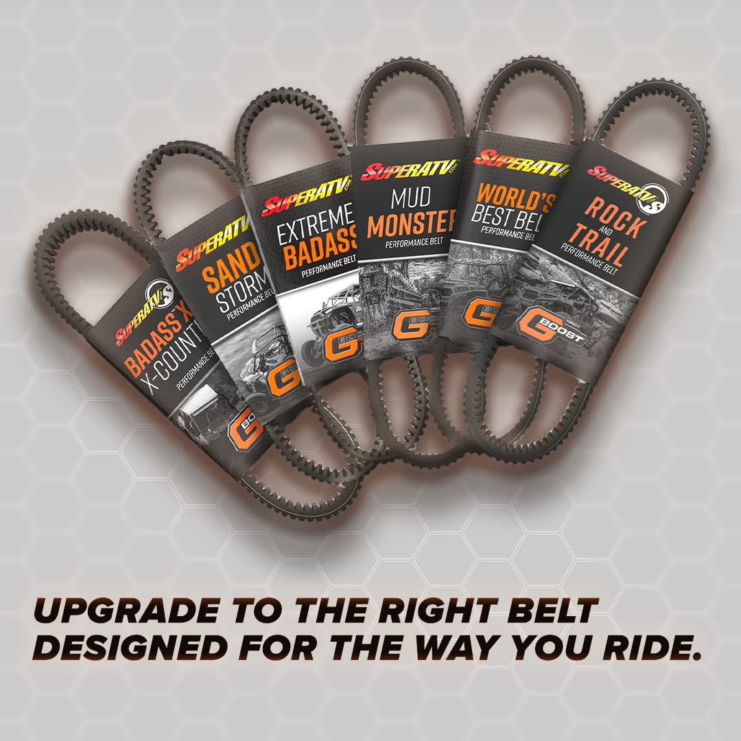 SuperATV belt packaging and label illustrating correct fit guarantee and quality