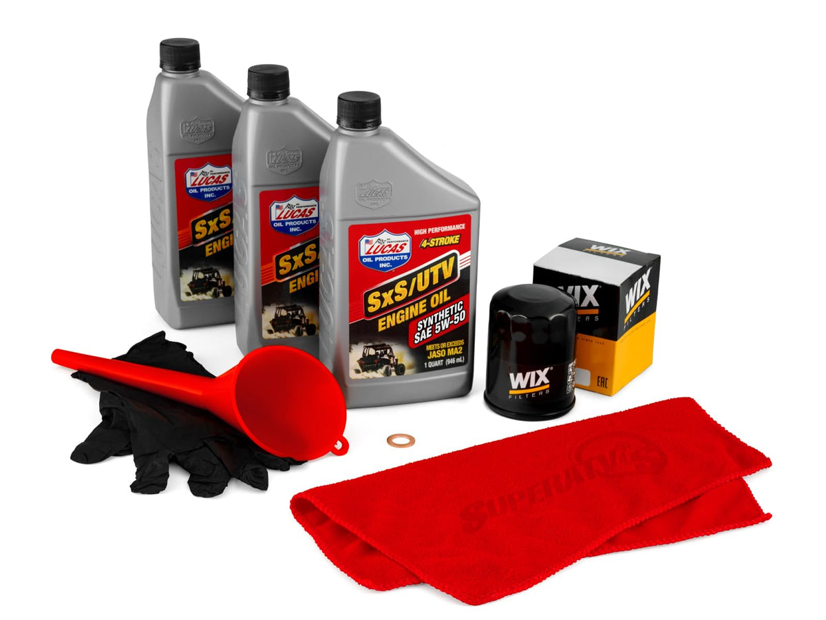 SuperATV oil change kit box front showing Lucas 5W-50, WIX filter and included accessories for fast service