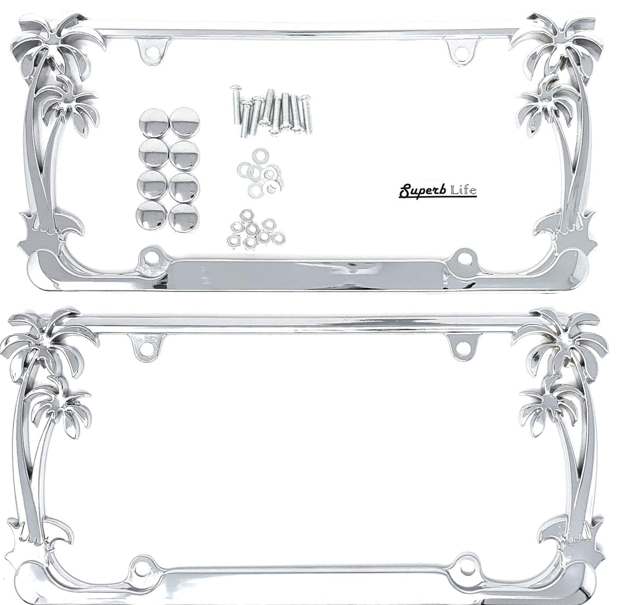 Superb lnf chrome frame front view showing palm motif and polished shine benefit: stylish upgrade