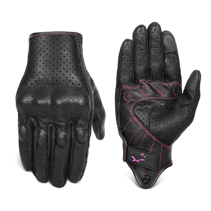 Superbike front view of glove showing shape and rose stitch accent for stylish grip