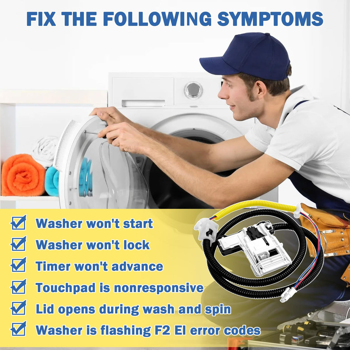 SuperDi lid lock installed in a top-load washer demonstrating restored lid-secure operation