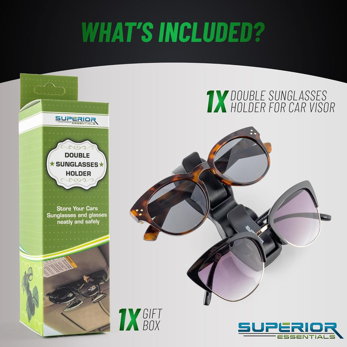 SUPERIOR ESSENTIALS holding two pairs of sunglasses, prevents scratches and tangling