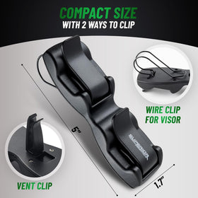 SUPERIOR ESSENTIALS installed on car visor, keeps sunglasses accessible while driving