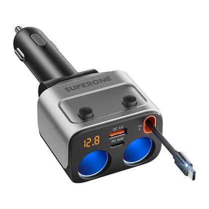SUPERONE front view of splitter showing ports and switches for organized charging
