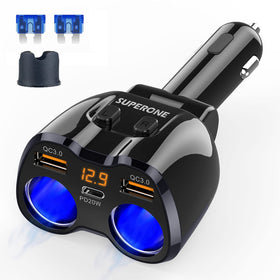 SUPERONE front view showing dual sockets and USB ports for expanded car power
