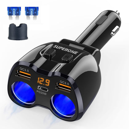 SUPERONE front view showing dual sockets and USB ports for expanded car power
