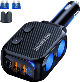 SUPERONE front view showing dual sockets and USB ports, compact and powerful