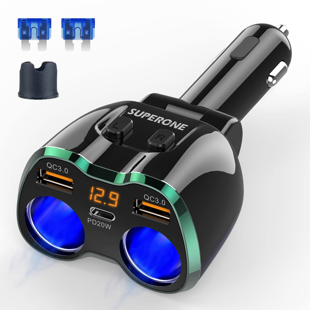 SUPERONE front view of splitter showing two sockets and USB ports for versatile power
