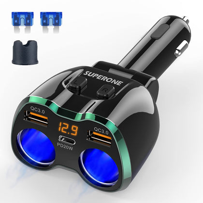 SUPERONE front view of splitter showing two sockets and USB ports for versatile power