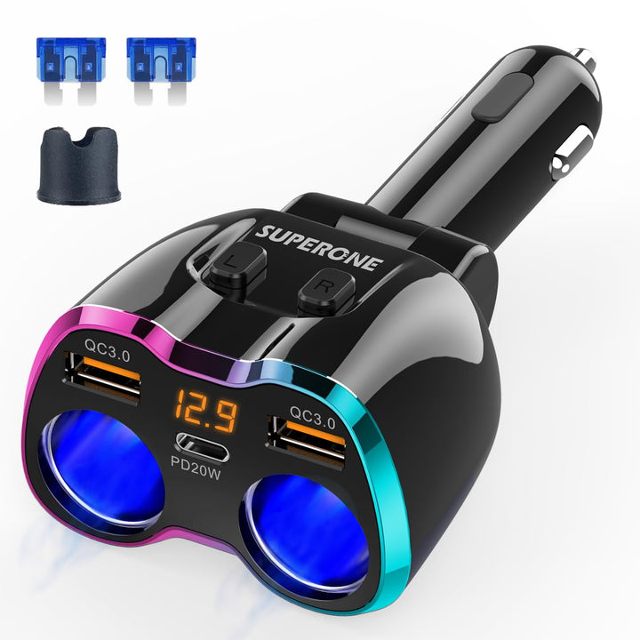 SUPERONE front view of dual-socket splitter showing ports and compact design for reliable powering