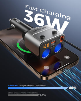 SUPERONE installed in car console powering multiple devices for convenience