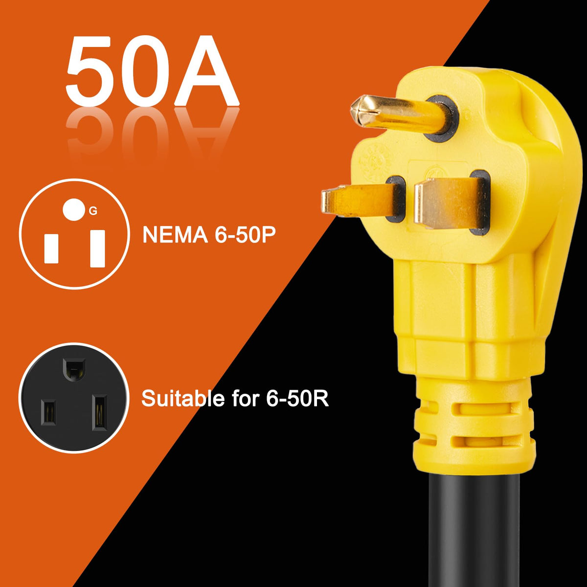 Suplevel close-up of NEMA 6-50P pins showing corrosion-resistant plating for reliable conductivity