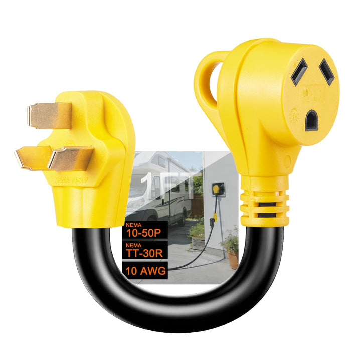 Suplevel front view of 10-50P to TT-30R plug showing secure connection and durability