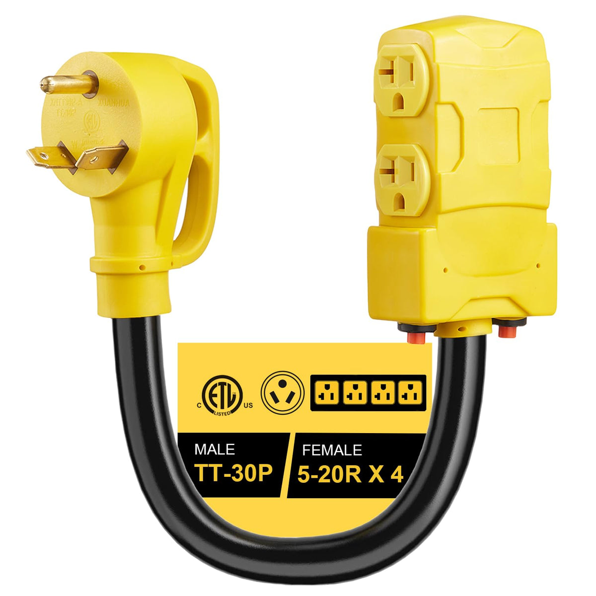Suplevel front view showing TT-30 male plug and four household outlets for versatile power