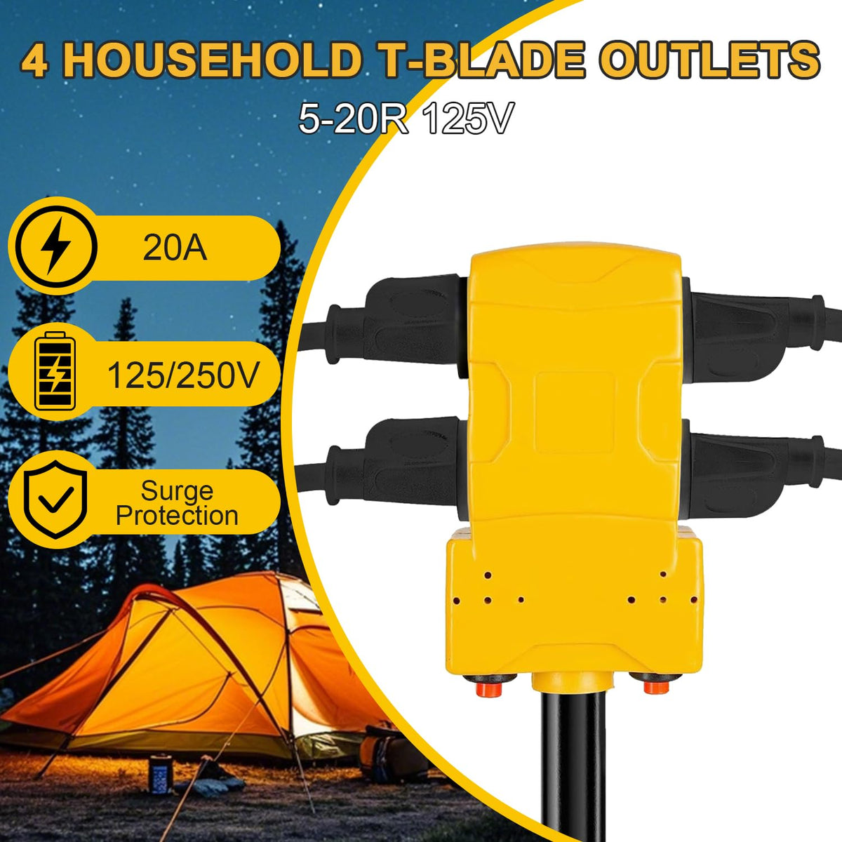 Suplevel adapter in use at a campsite connected to a generator providing multiple outlets