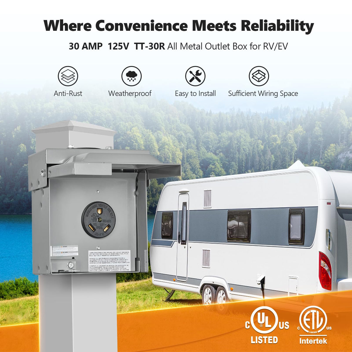 SURAIELEC close-up of NEMA TT-30R receptacle showing clear terminals benefit: reliable 30A connection