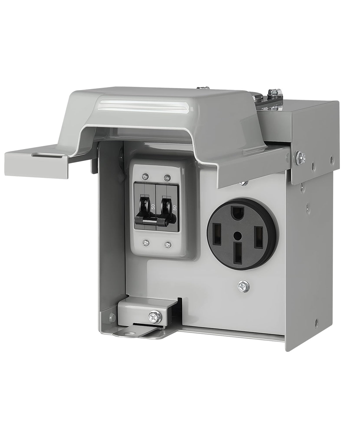 SURAIELEC front view showing NEMA 14-50R outlet and weatherproof benefits
