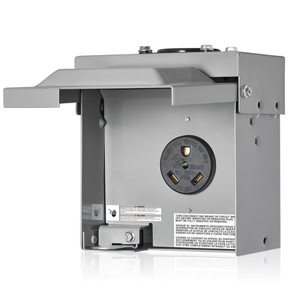 SURAIELEC front view outlet box showing weatherproof enclosure and sturdy latch benefit: durable outdoor power