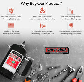 SURE SHOT A1000B beside hand tools for scale showing compact 32 oz capacity and portability