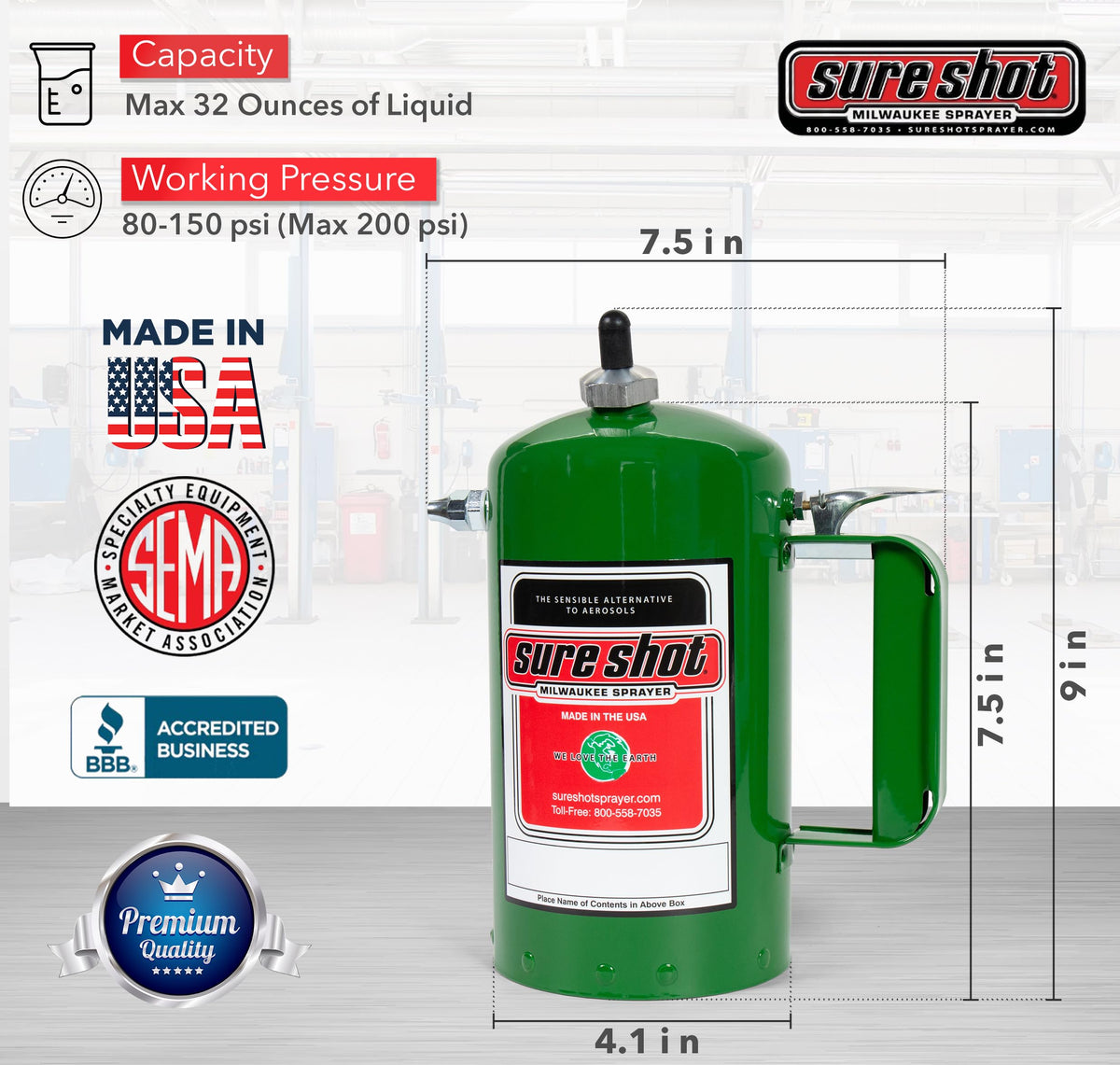 Sure Shot A1000G back label close-up displaying capacity, pressure specs and safety details