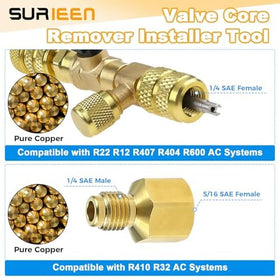 SURIEEN brass valve core tool closeup showing quarter-turn ball valve for controlled service
