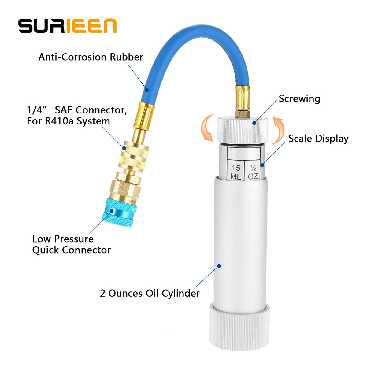 SURIEEN closeup of brass nozzle and R134A quick coupler for secure seal
