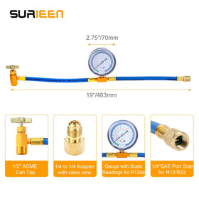 SURIEEN close-up of the 2.75-inch gauge showing multi-refrigerant scales for accurate reads