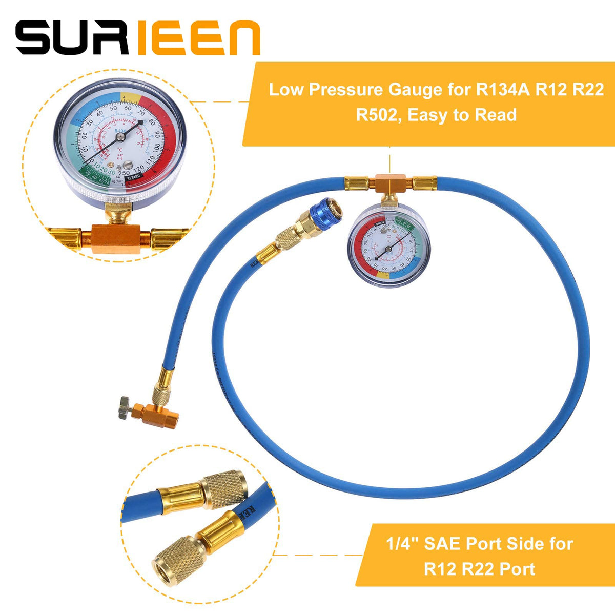 SURIEEN gauge close-up displaying clear multi-refrigerant scales