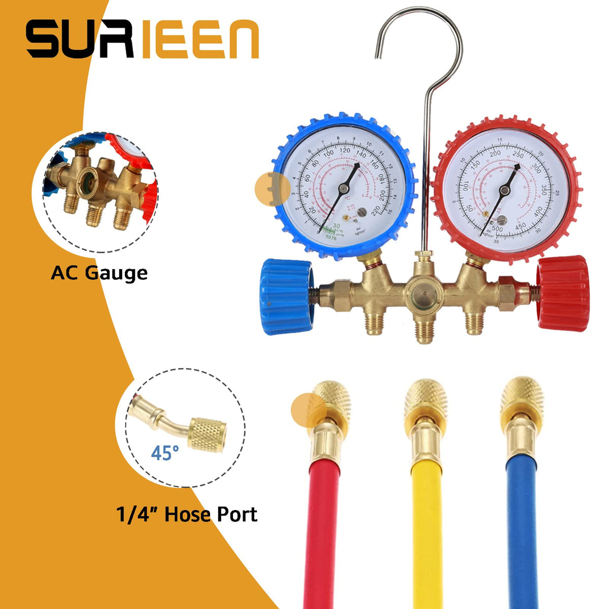 SURIEEN hoses connected to a car A/C port demonstrating simple one-handed control