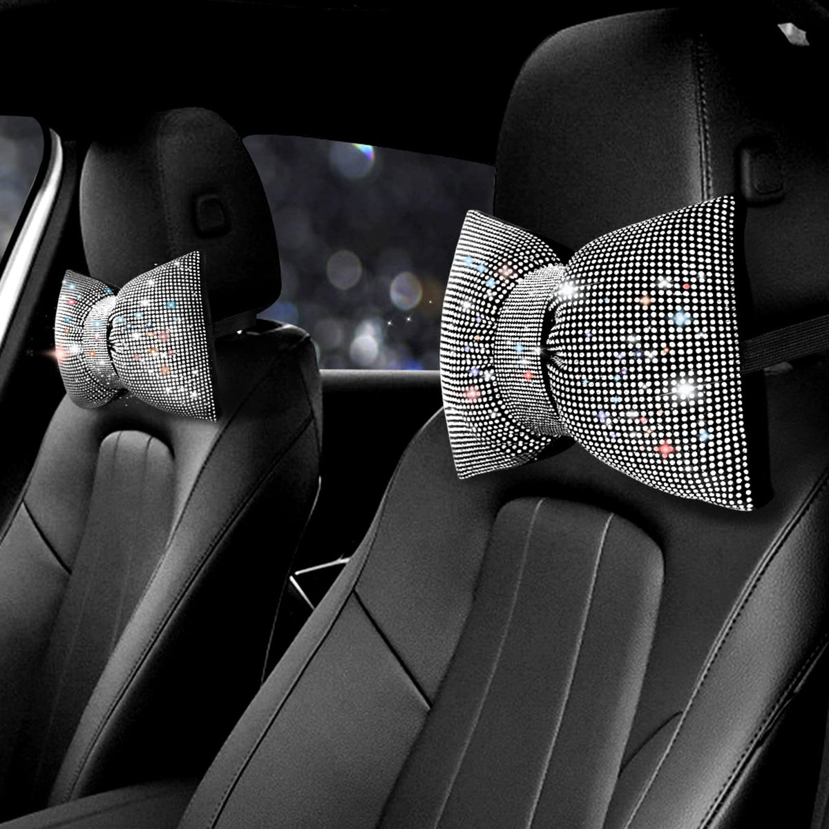 surpassme front view of two rhinestone neck pillows showcasing bling bow and color
