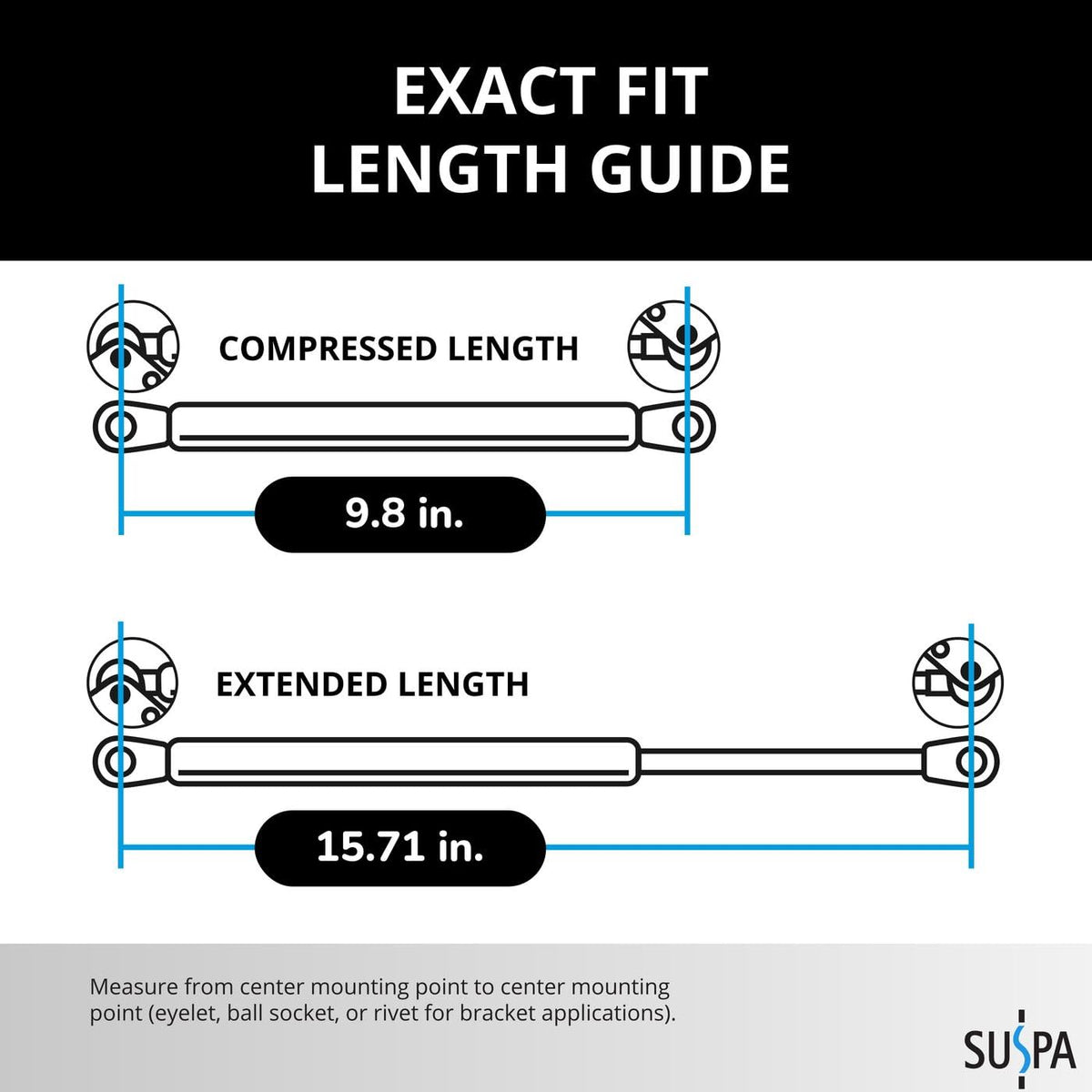 Suspa gas prop extended length detail showing 15.7-inch reach for accurate fitment