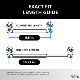 Suspa gas prop extended length detail showing 15.7-inch reach for accurate fitment
