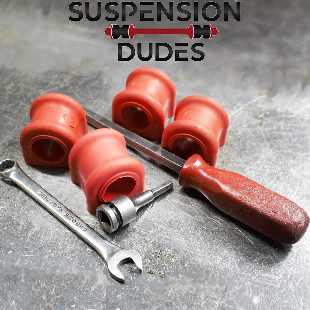Suspension Dudes installed under van front view showing reduced sway and improved handling