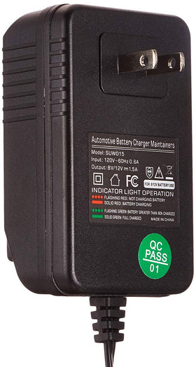 Suuwer charger attached to motorcycle battery demonstrating safe maintenance charging