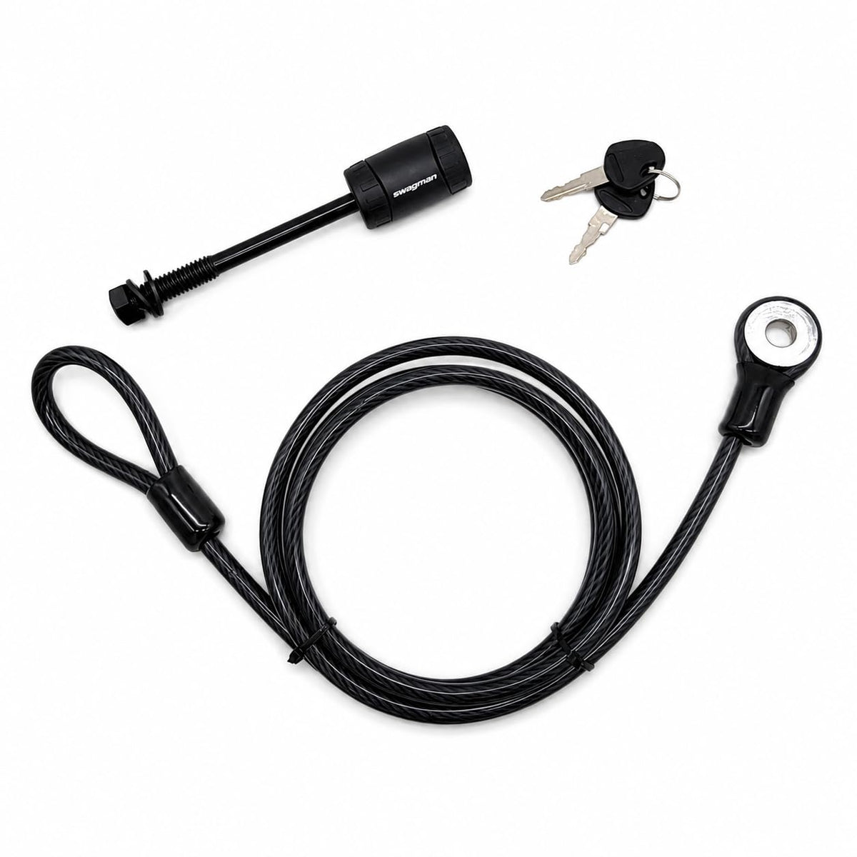 Swagman locking hitch pin front view showing keyway and corrosion-resistant finish