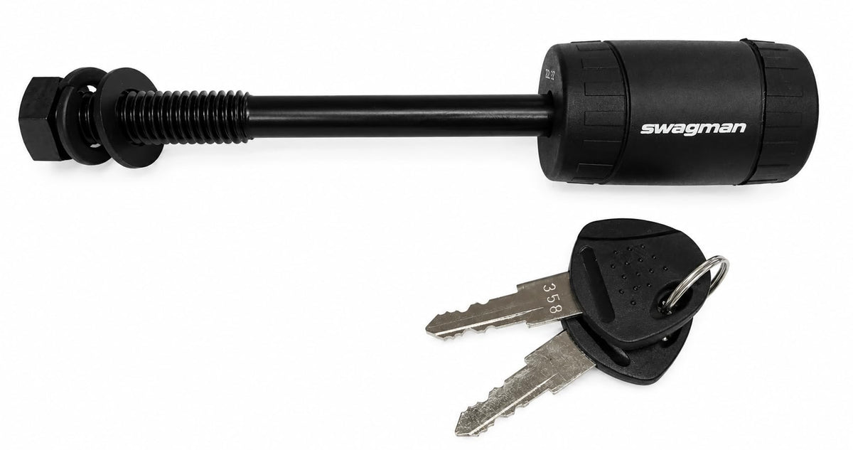 Swagman locking threaded hitch pin front view showing durable chrome finish and secure fit