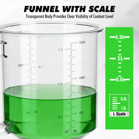 SWANLAKE GARDEN TOOLS 1.59QT funnel shown hands-free in engine fill port for neat pours