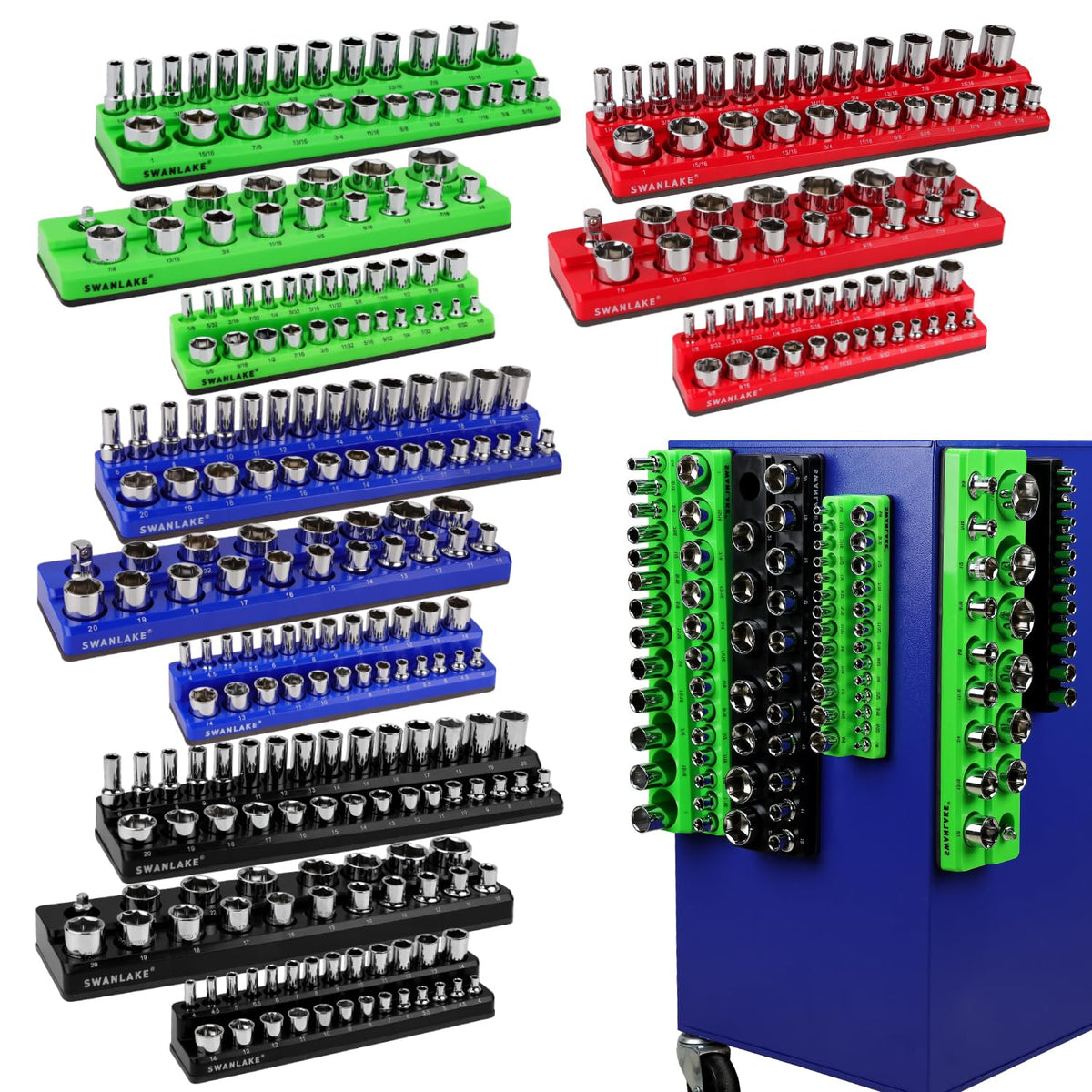 SWANLAKE front packaging showing 12-piece socket organizer set benefits
